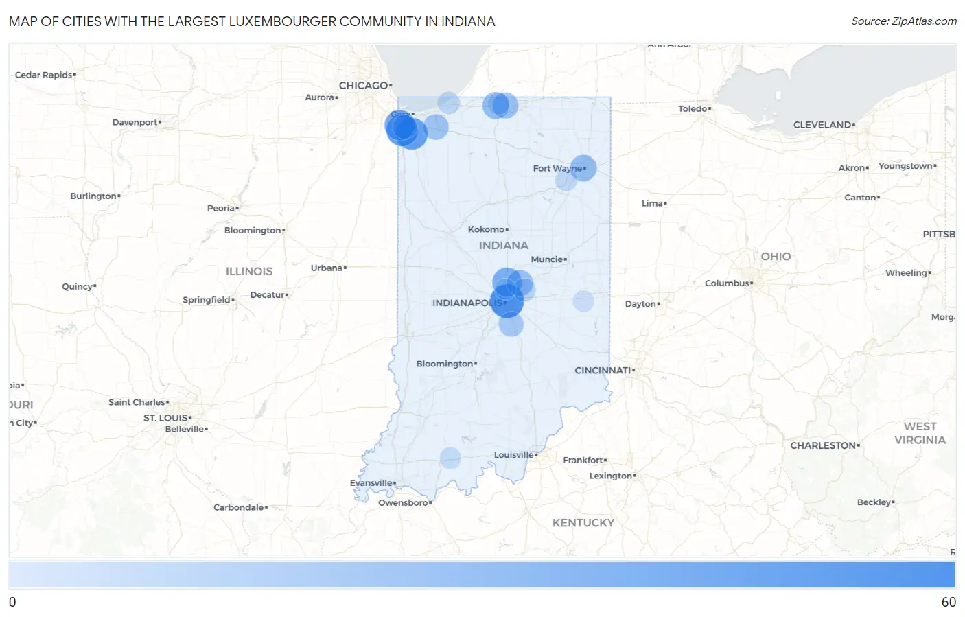 Cities with the Largest Luxembourger Community in Indiana Map