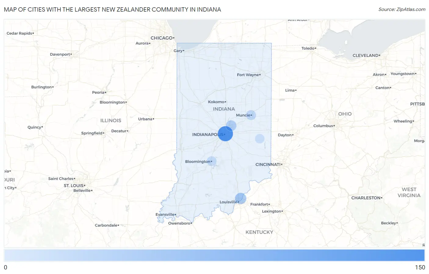 Cities with the Largest New Zealander Community in Indiana Map