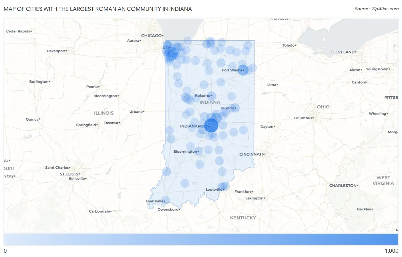 Cities with the Largest Romanian Community in Indiana Map