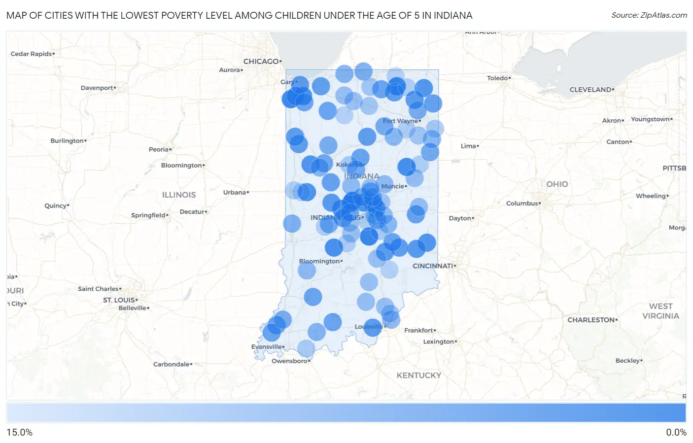 Cities with the Lowest Poverty Level Among Children Under the Age of 5 in Indiana Map