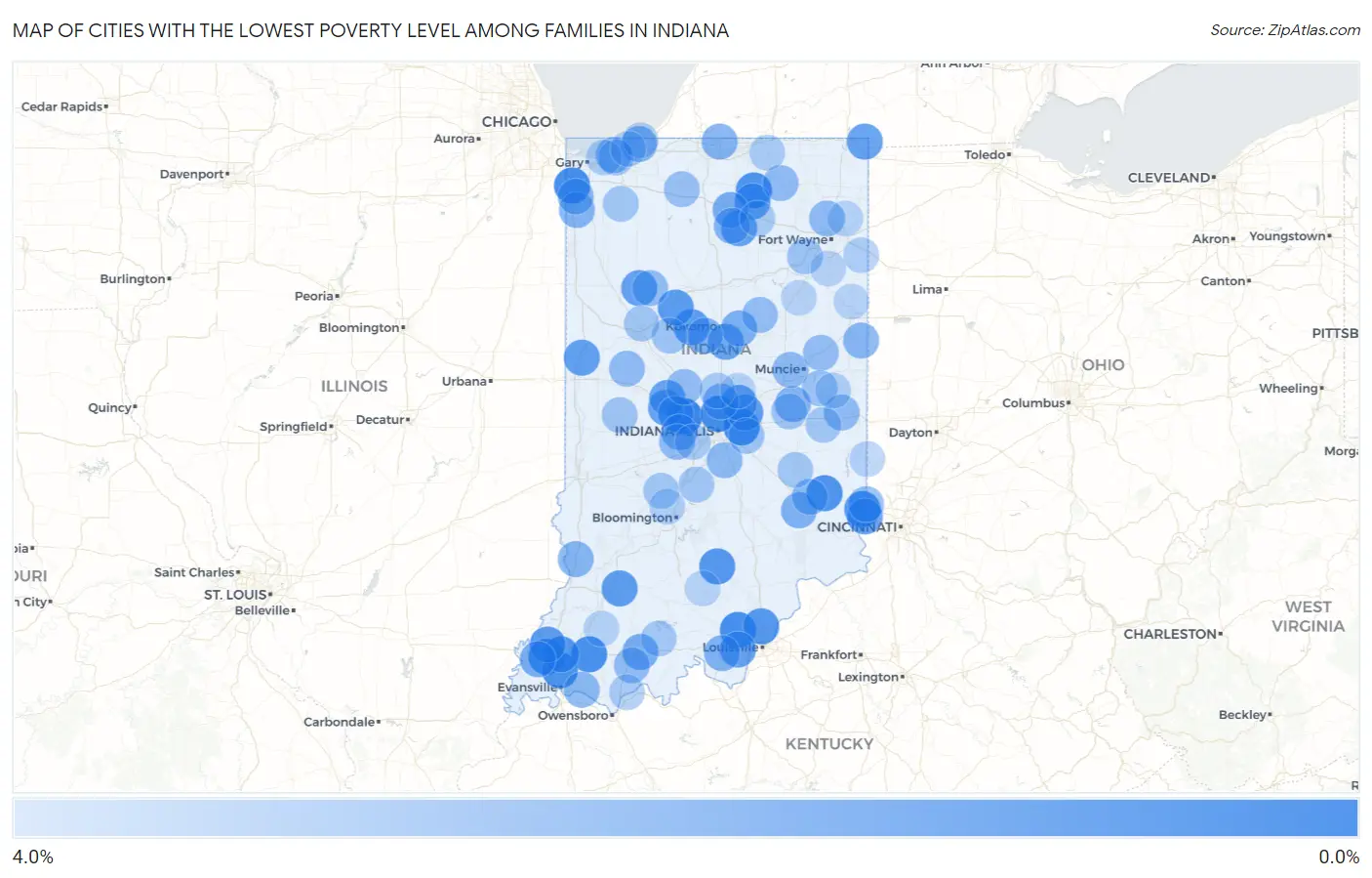 Cities with the Lowest Poverty Level Among Families in Indiana Map
