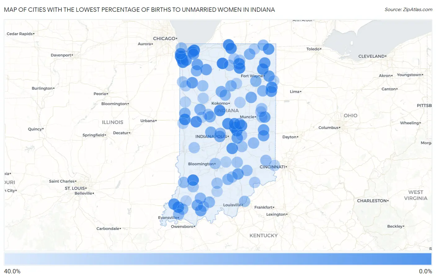 Cities with the Lowest Percentage of Births to Unmarried Women in Indiana Map