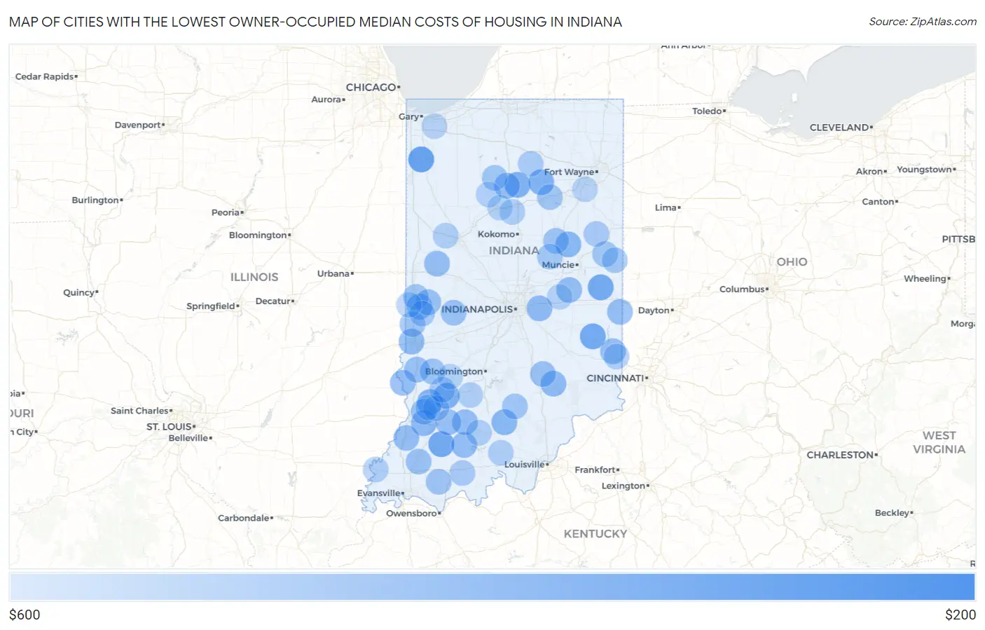 Cities with the Lowest Owner-Occupied Median Costs of Housing in Indiana Map