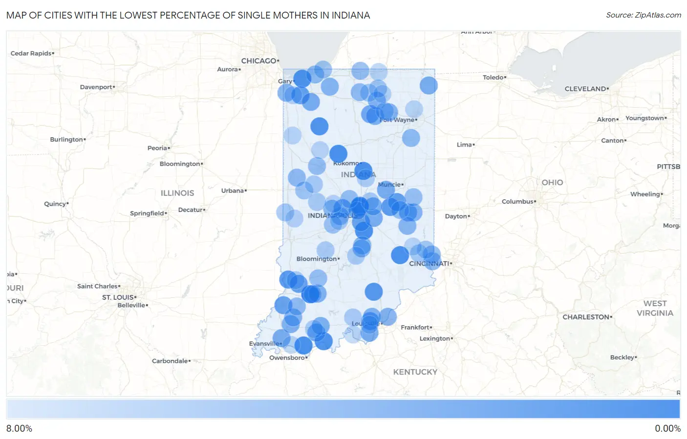 Cities with the Lowest Percentage of Single Mothers in Indiana Map