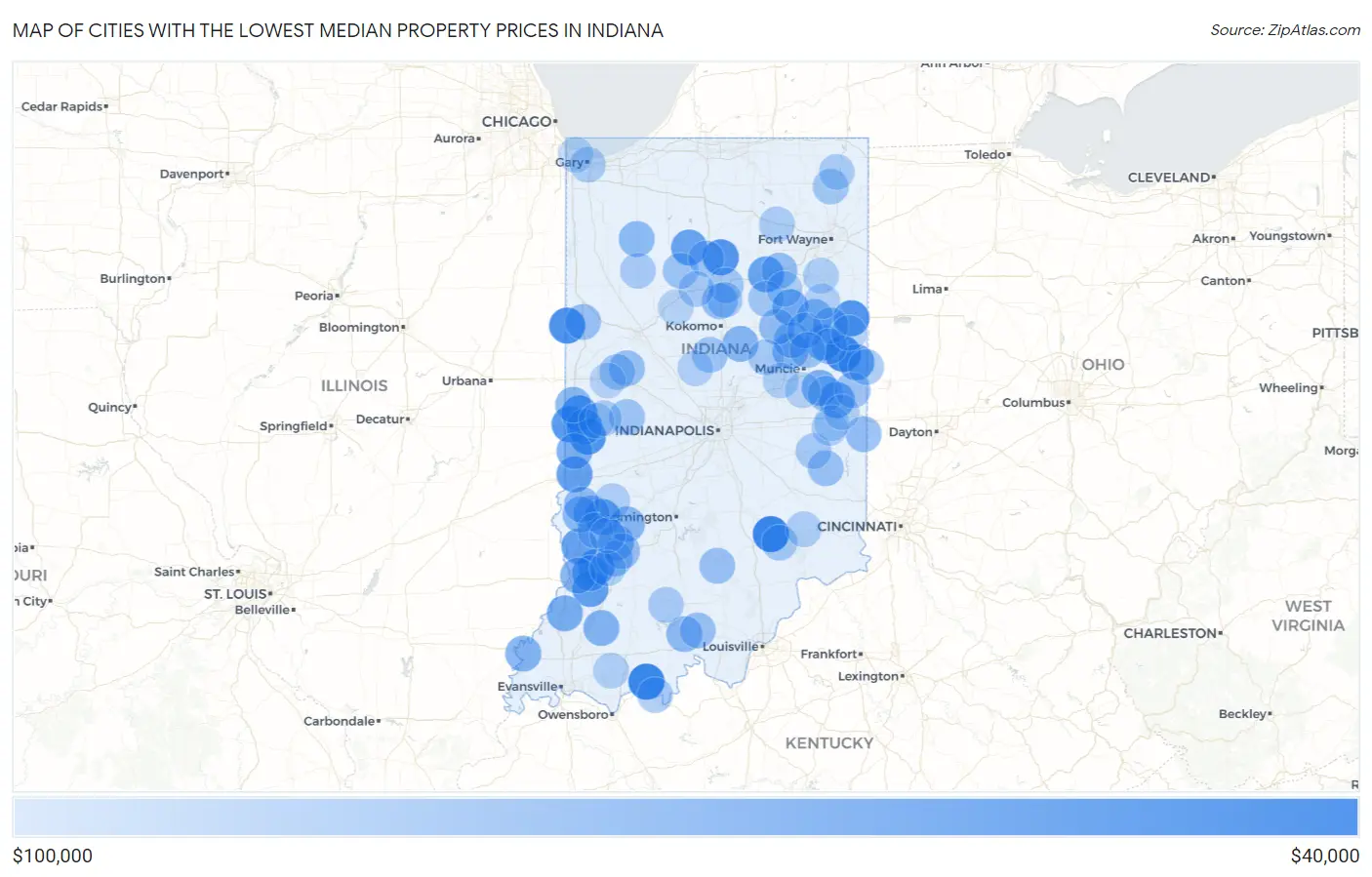 Cities with the Lowest Median Property Prices in Indiana Map
