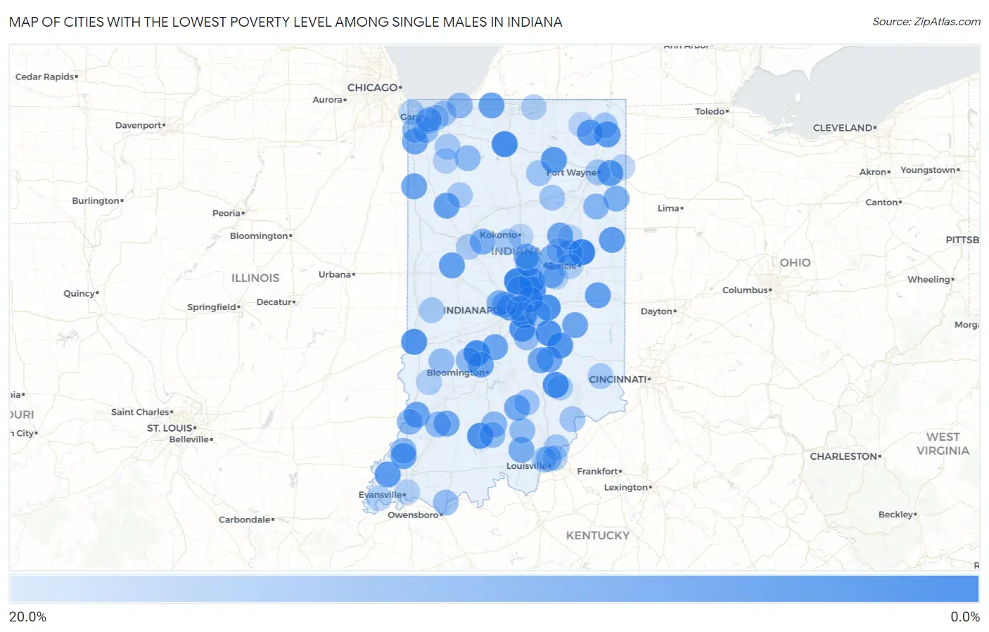 Cities with the Lowest Poverty Level Among Single Males in Indiana Map