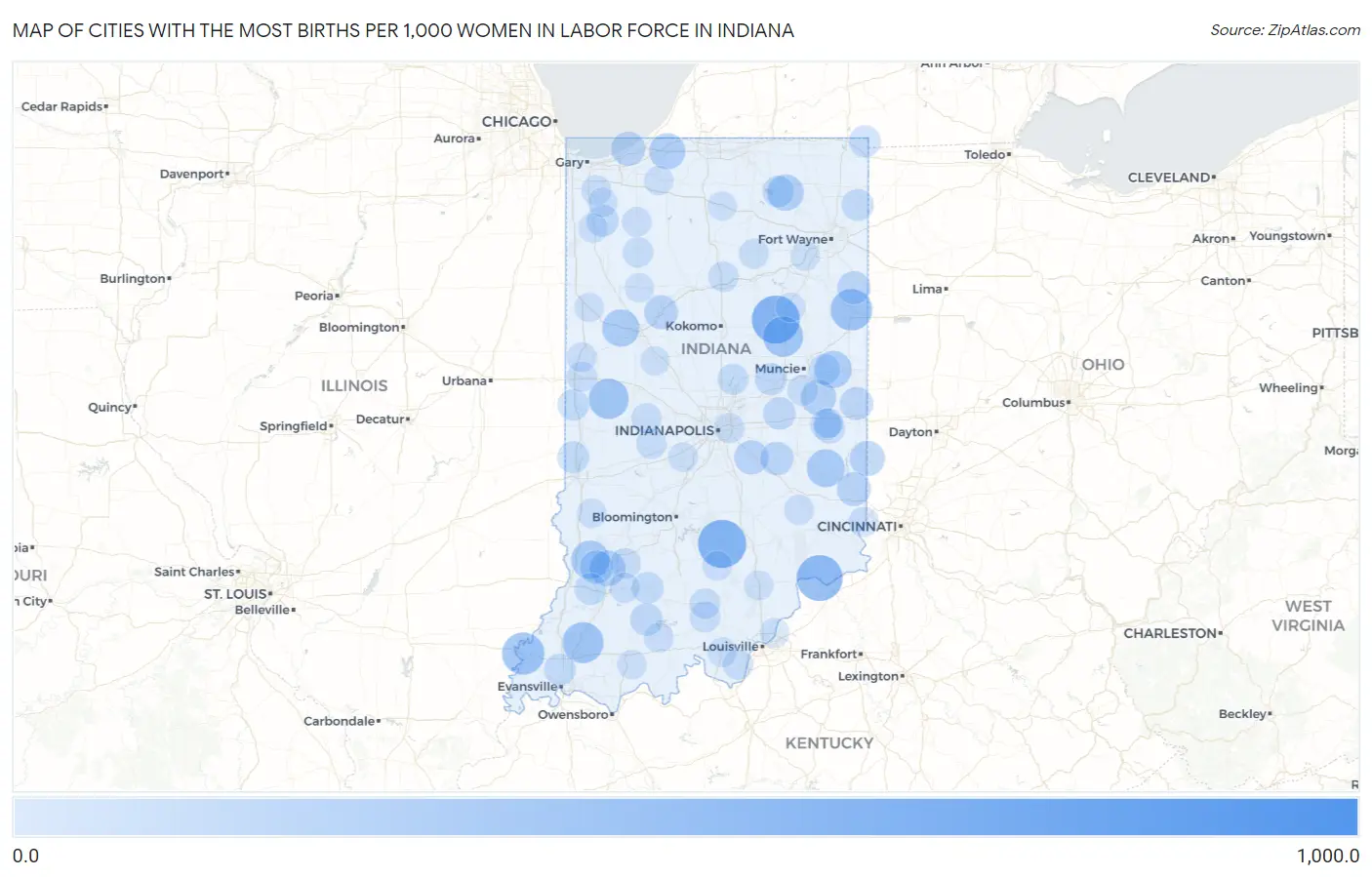 Cities with the Most Births per 1,000 Women in Labor Force in Indiana Map