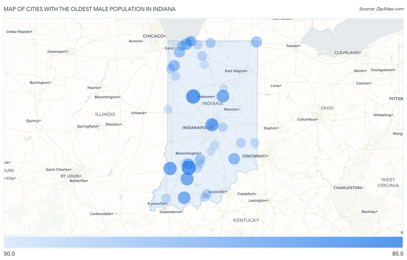 Cities with the Oldest Male Population in Indiana Map