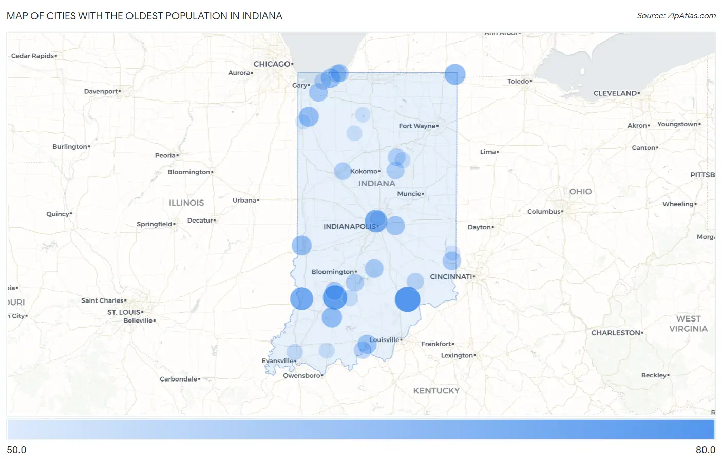 Cities with the Oldest Population in Indiana Map