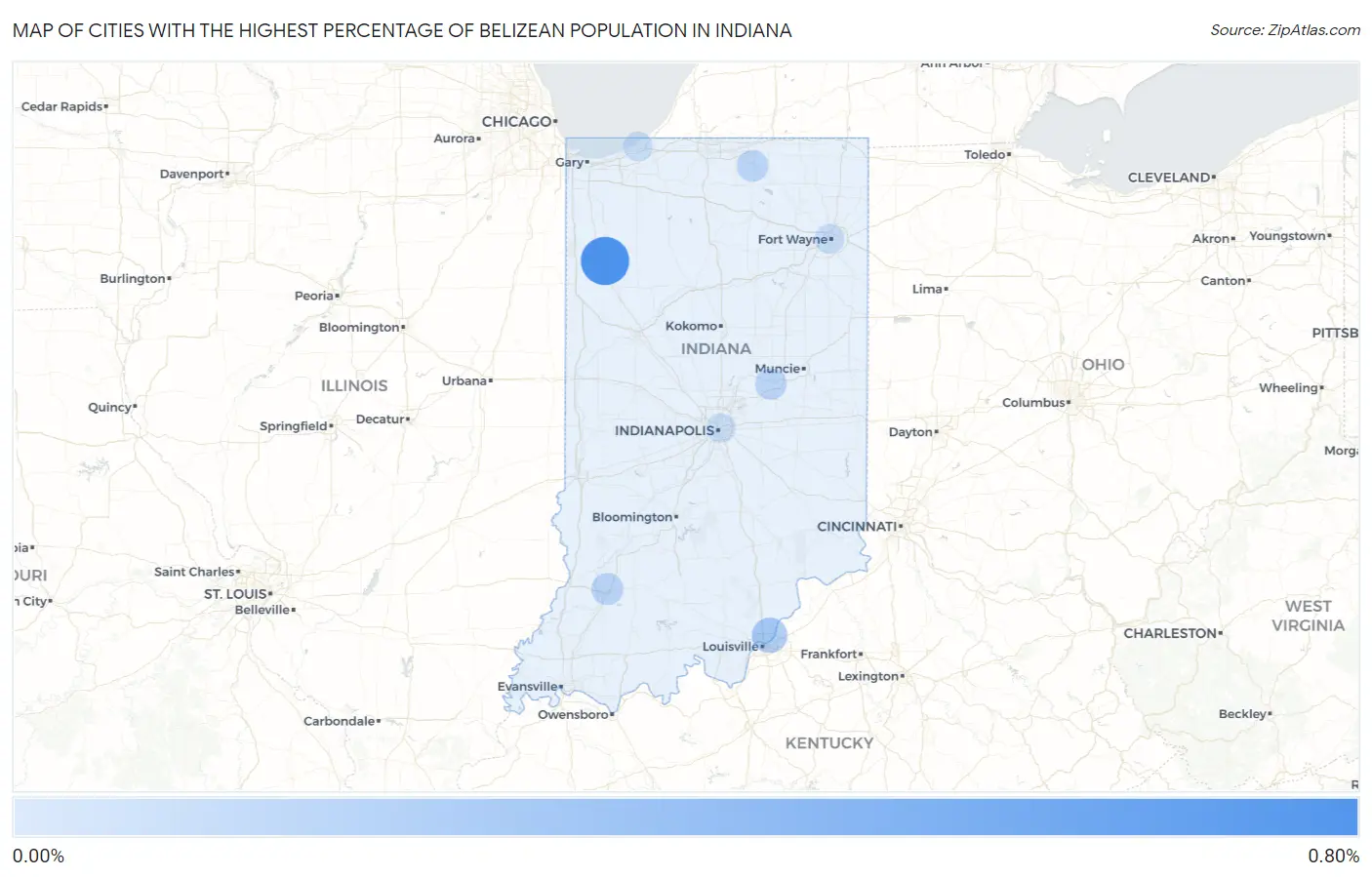 Cities with the Highest Percentage of Belizean Population in Indiana Map