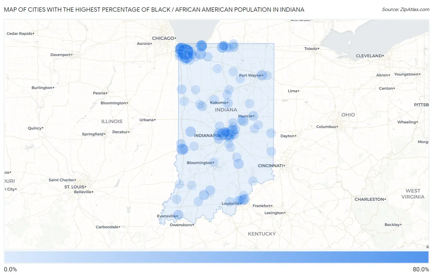 Cities with the Highest Percentage of Black / African American Population in Indiana Map