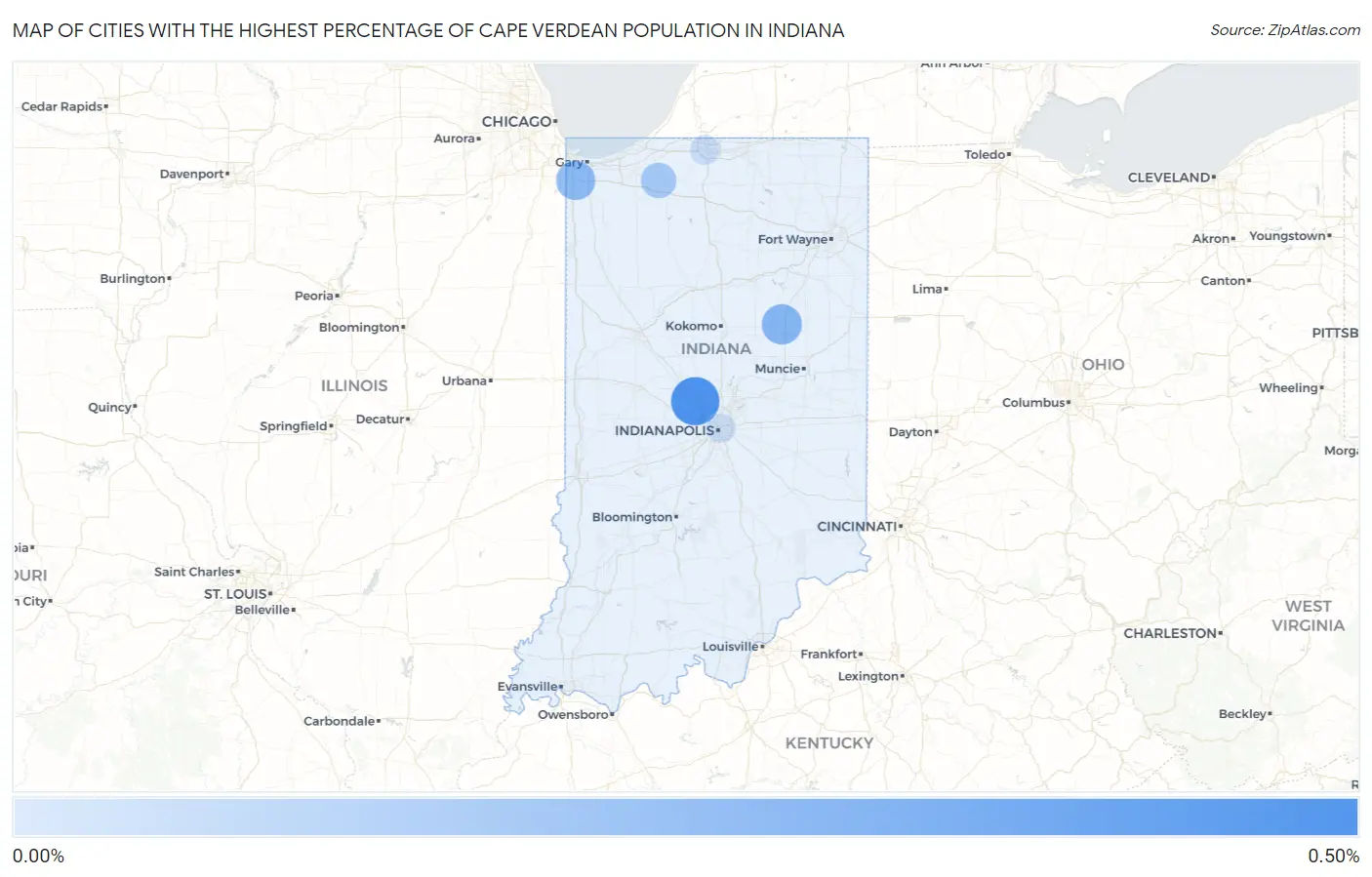 Cities with the Highest Percentage of Cape Verdean Population in Indiana Map