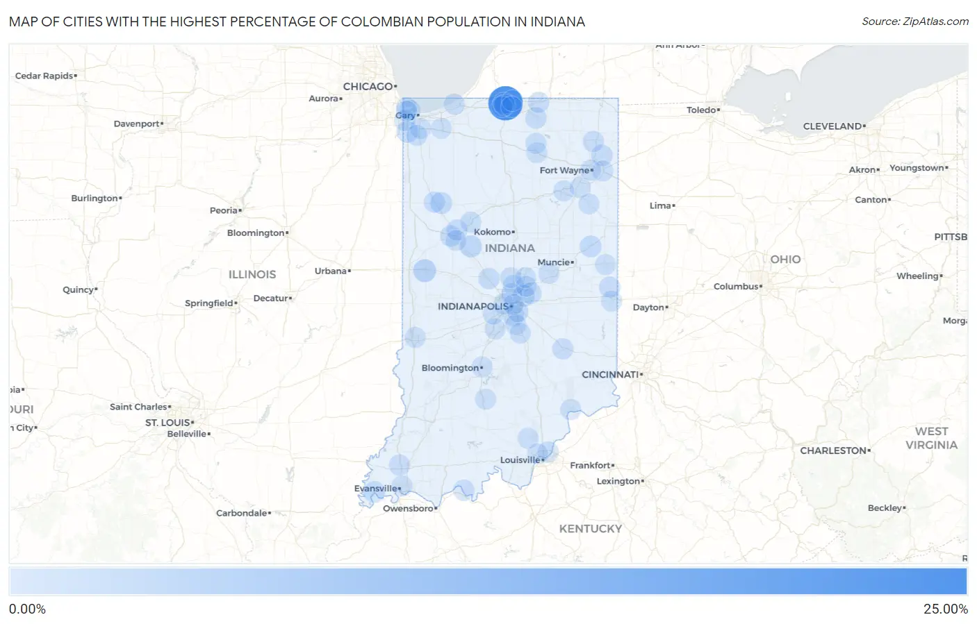 Cities with the Highest Percentage of Colombian Population in Indiana Map