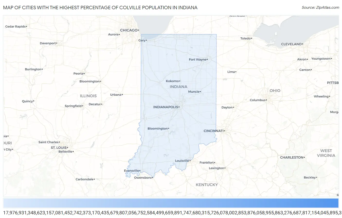 Cities with the Highest Percentage of Colville Population in Indiana Map