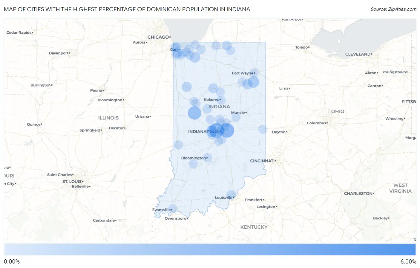 Cities with the Highest Percentage of Dominican Population in Indiana Map