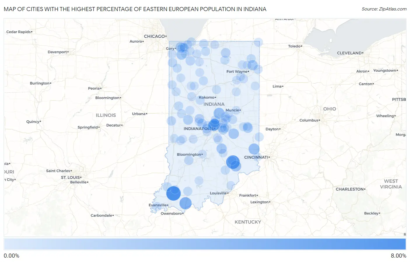 Cities with the Highest Percentage of Eastern European Population in Indiana Map
