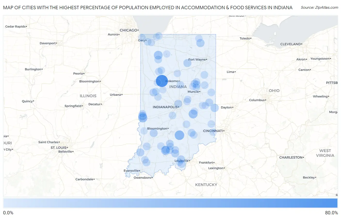 Cities with the Highest Percentage of Population Employed in Accommodation & Food Services in Indiana Map