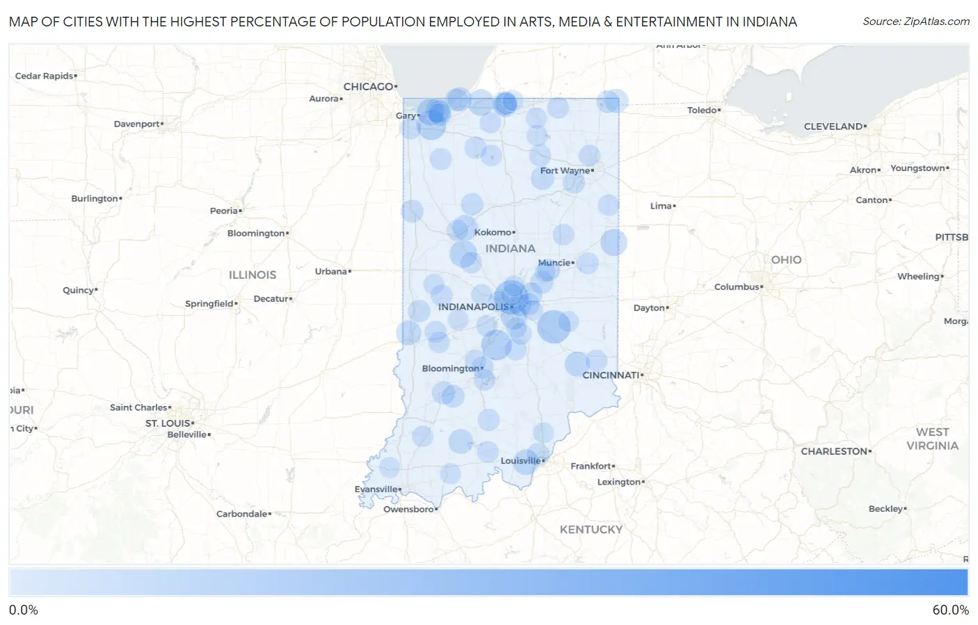Cities with the Highest Percentage of Population Employed in Arts, Media & Entertainment in Indiana Map