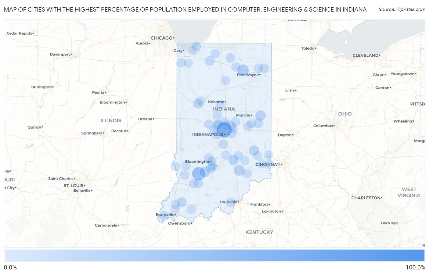 Cities with the Highest Percentage of Population Employed in Computer, Engineering & Science in Indiana Map