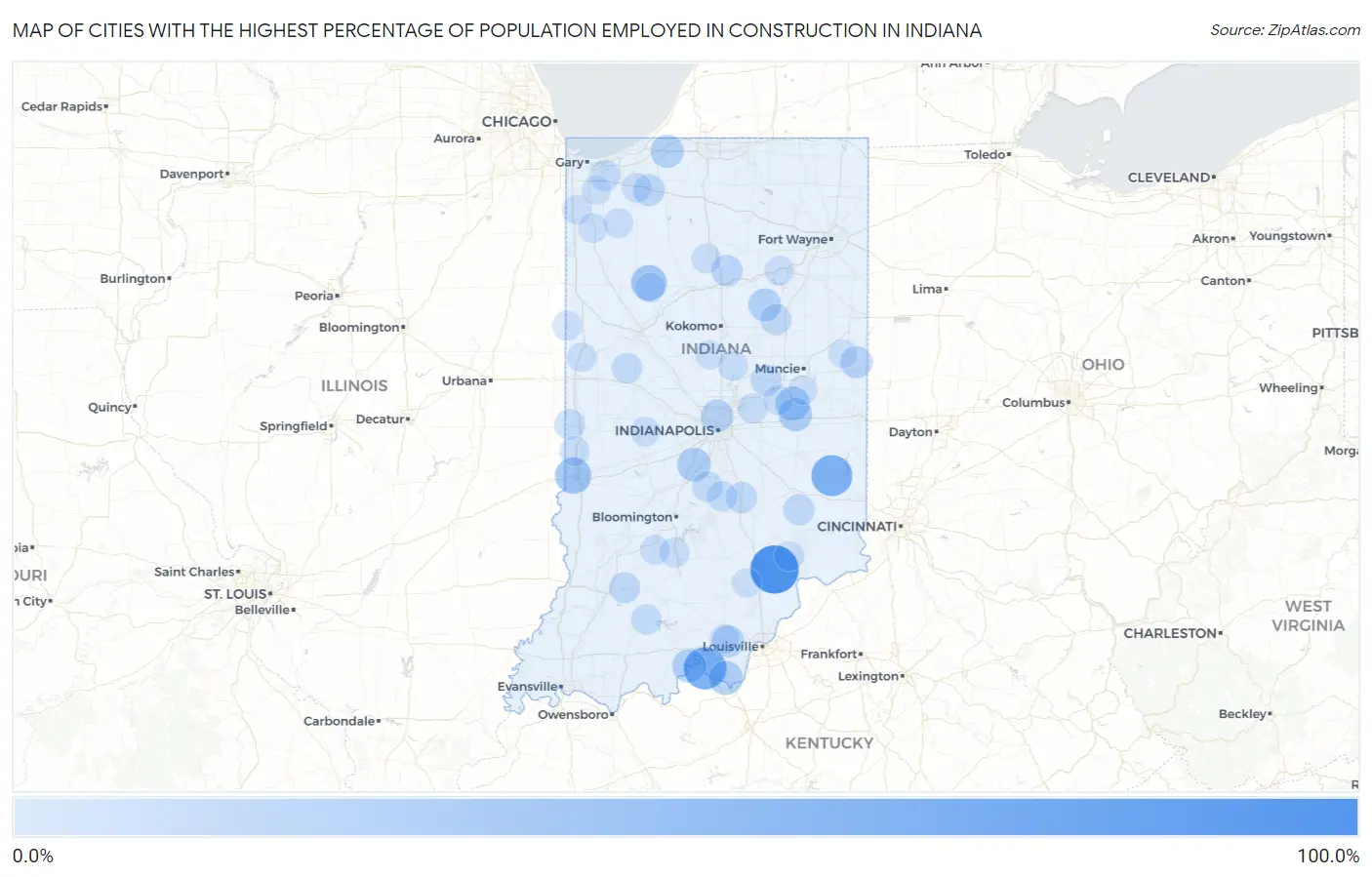 Cities with the Highest Percentage of Population Employed in Construction in Indiana Map
