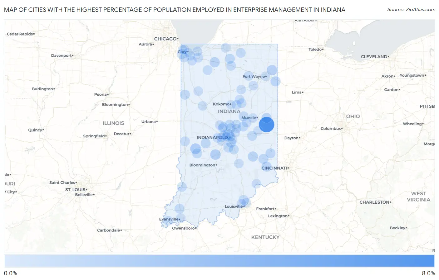 Cities with the Highest Percentage of Population Employed in Enterprise Management in Indiana Map