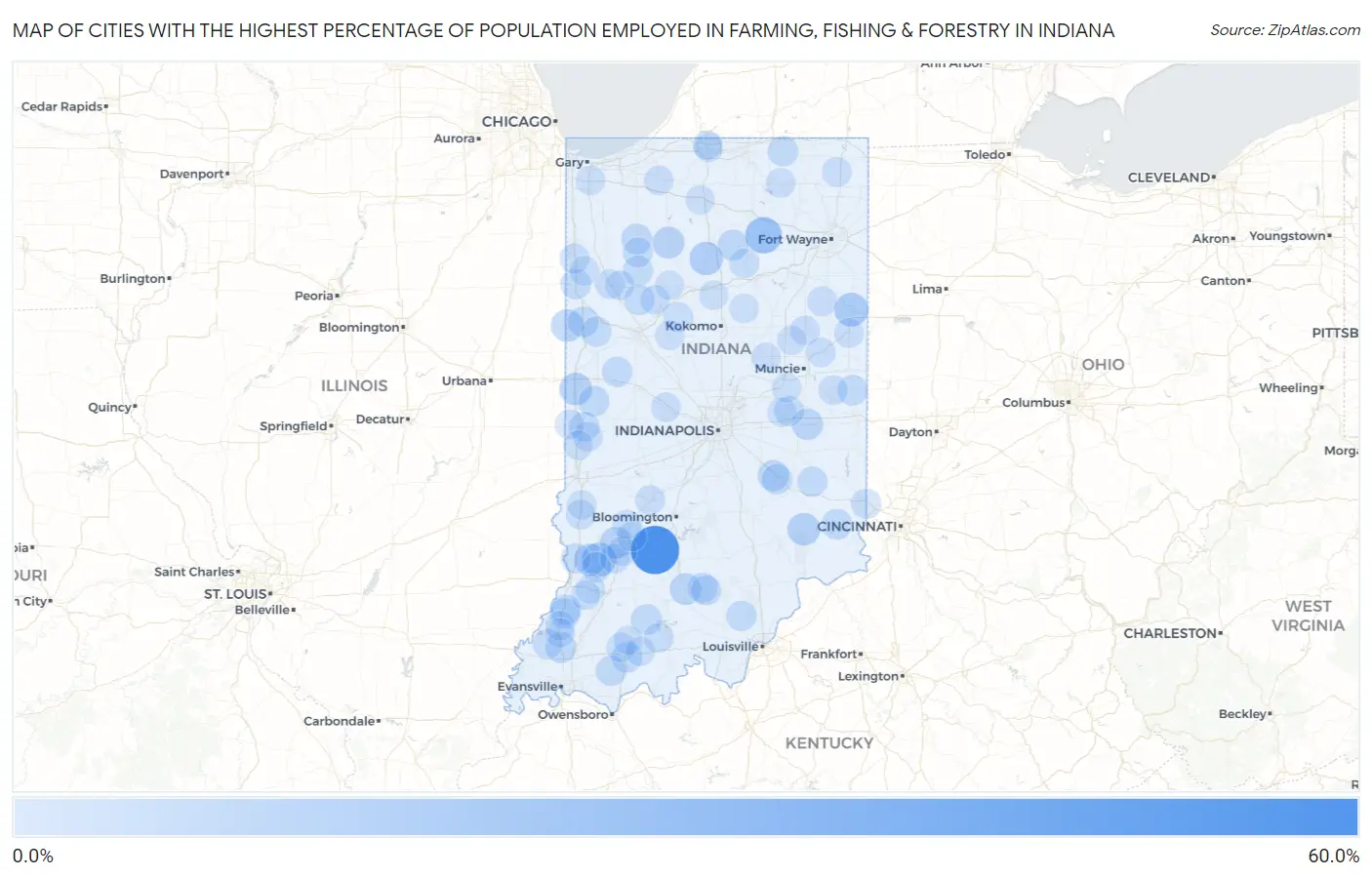 Cities with the Highest Percentage of Population Employed in Farming, Fishing & Forestry in Indiana Map