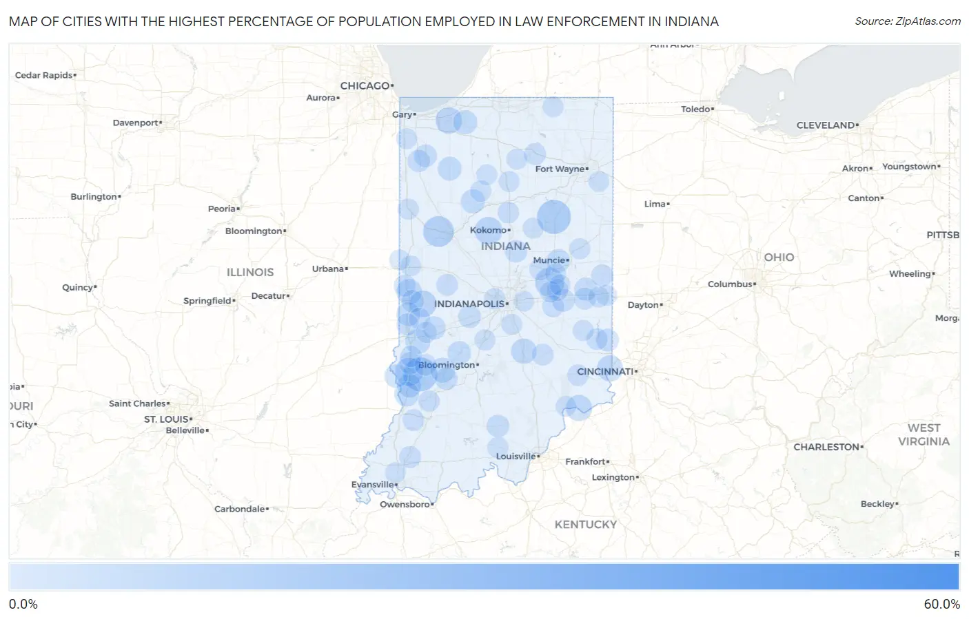 Cities with the Highest Percentage of Population Employed in Law Enforcement in Indiana Map