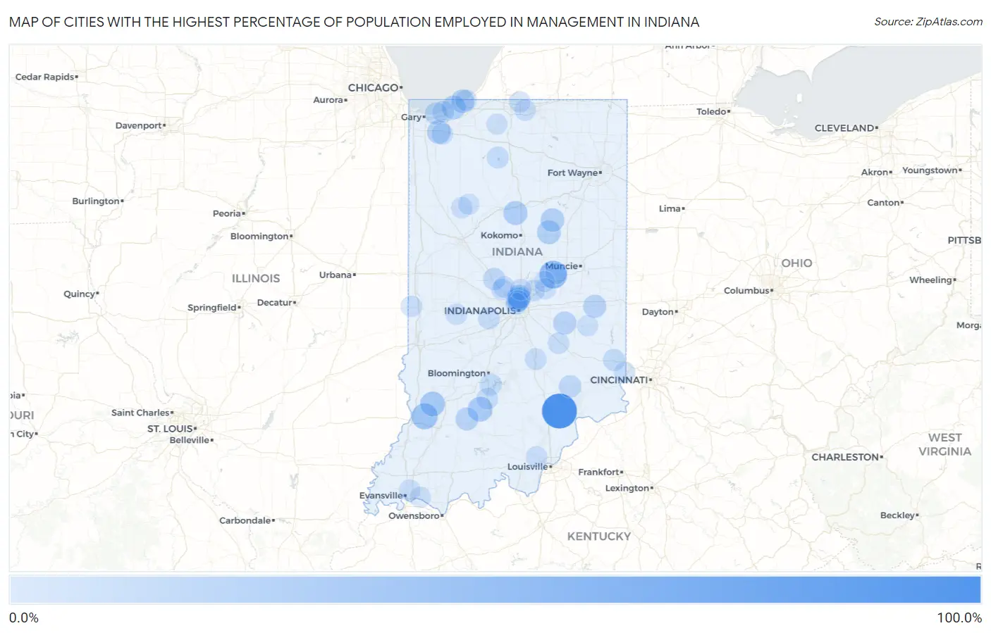Cities with the Highest Percentage of Population Employed in Management in Indiana Map