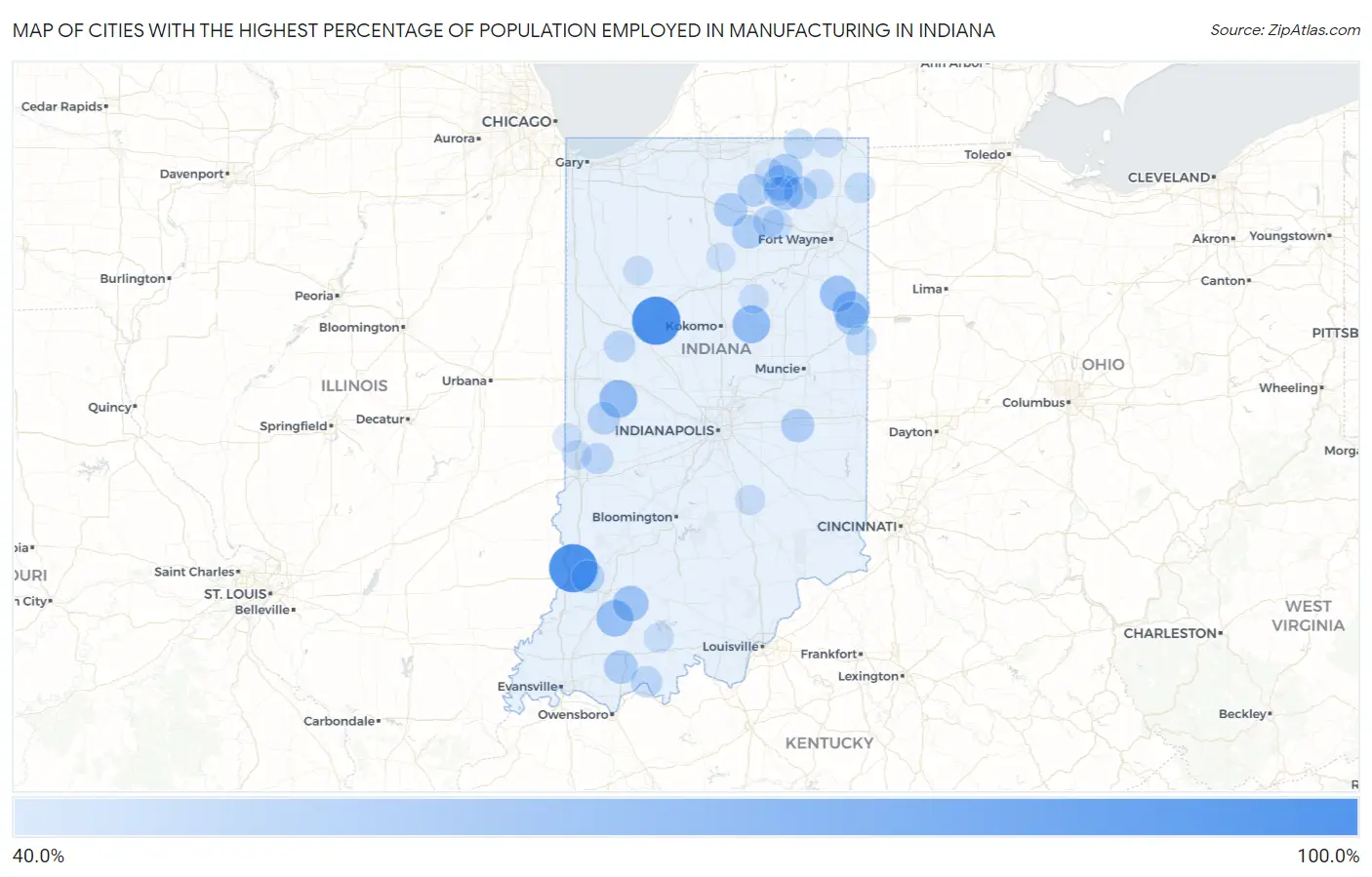 Cities with the Highest Percentage of Population Employed in Manufacturing in Indiana Map