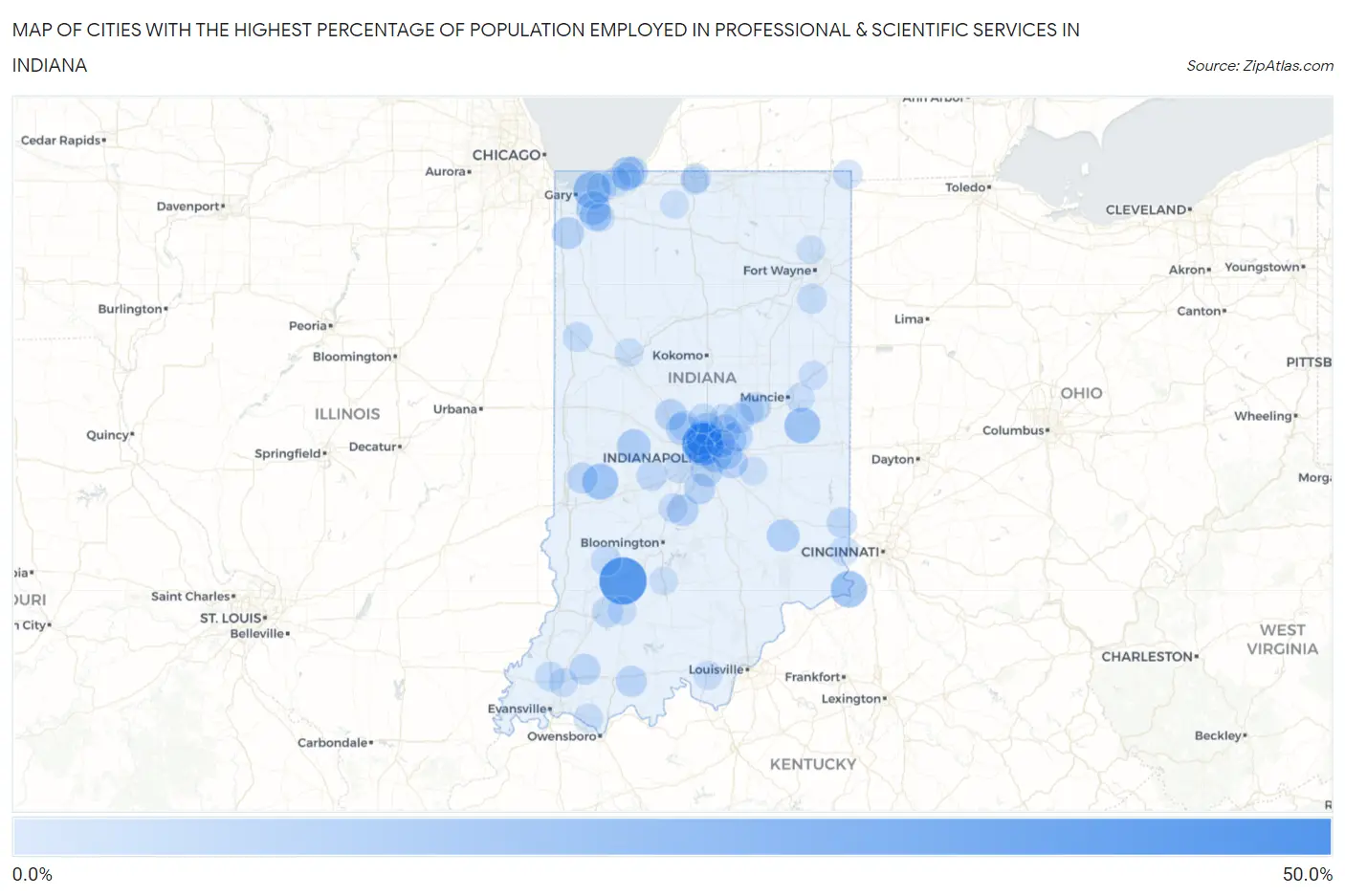 Cities with the Highest Percentage of Population Employed in Professional & Scientific Services in Indiana Map