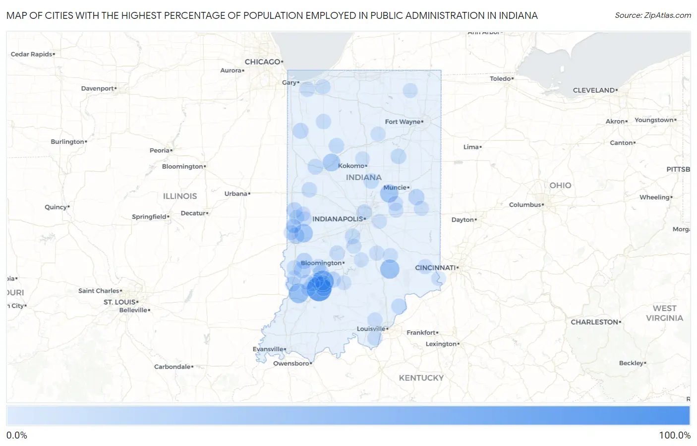 Cities with the Highest Percentage of Population Employed in Public Administration in Indiana Map