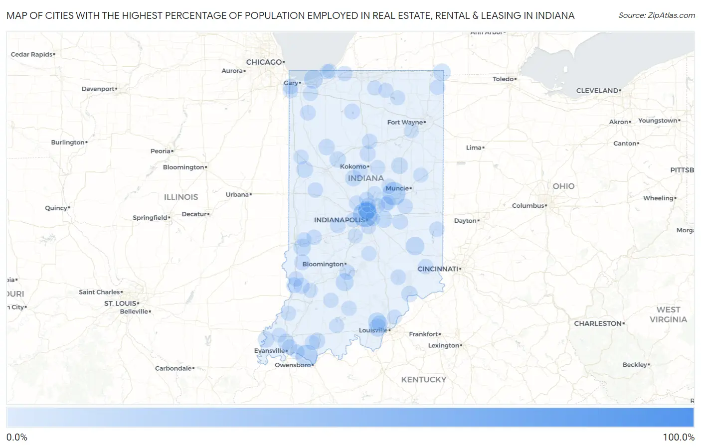 Cities with the Highest Percentage of Population Employed in Real Estate, Rental & Leasing in Indiana Map