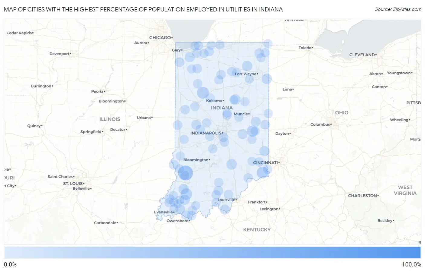 Cities with the Highest Percentage of Population Employed in Utilities in Indiana Map