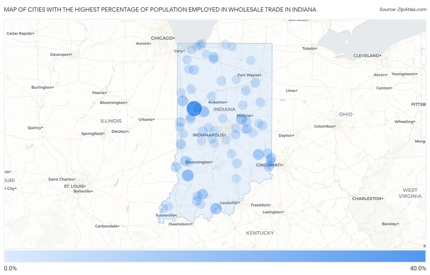 Cities with the Highest Percentage of Population Employed in Wholesale Trade in Indiana Map