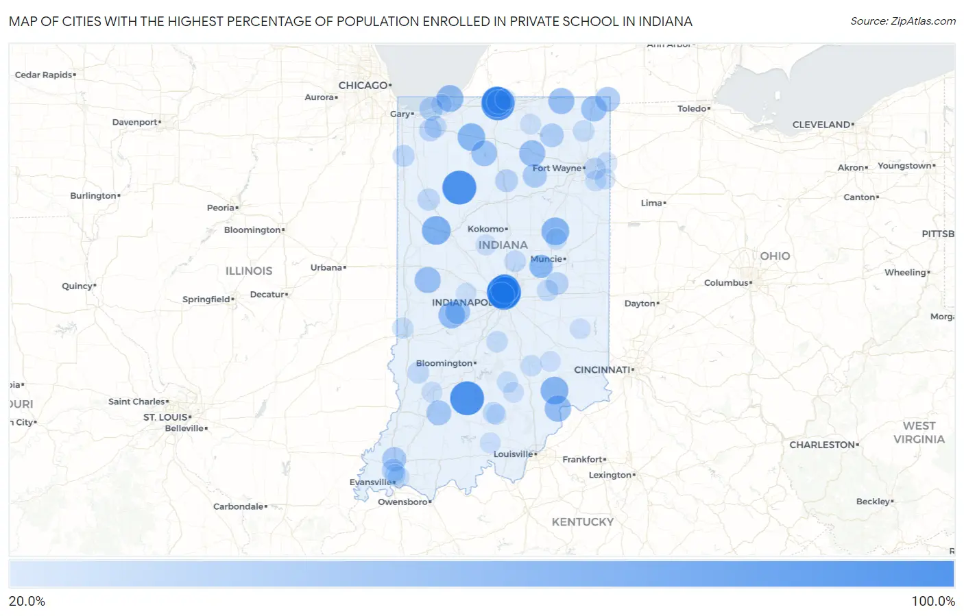Cities with the Highest Percentage of Population Enrolled in Private School in Indiana Map