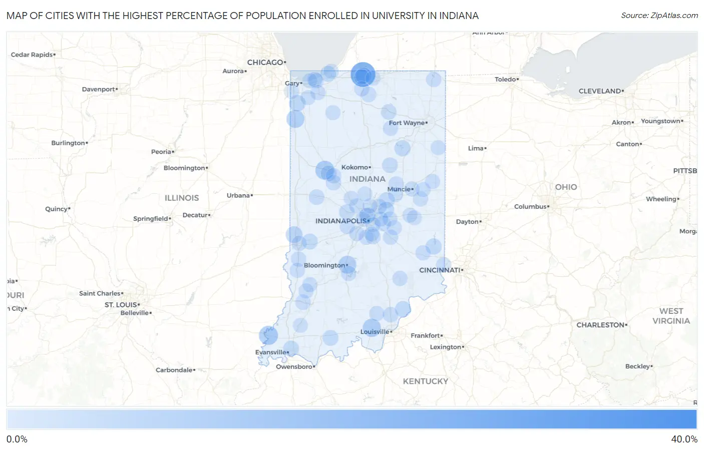 Cities with the Highest Percentage of Population Enrolled in University in Indiana Map