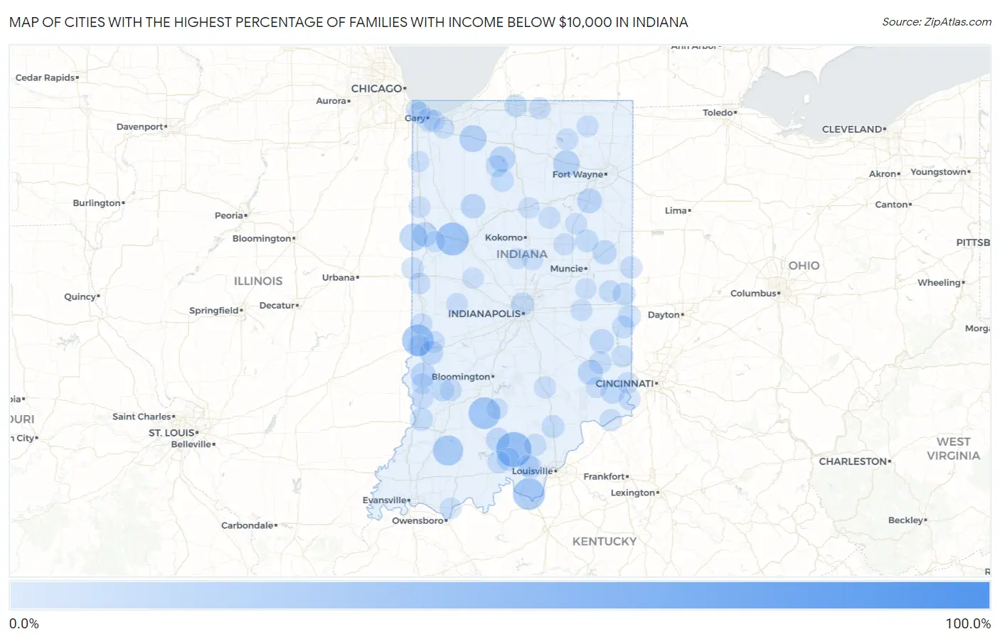 Cities with the Highest Percentage of Families with Income Below $10,000 in Indiana Map