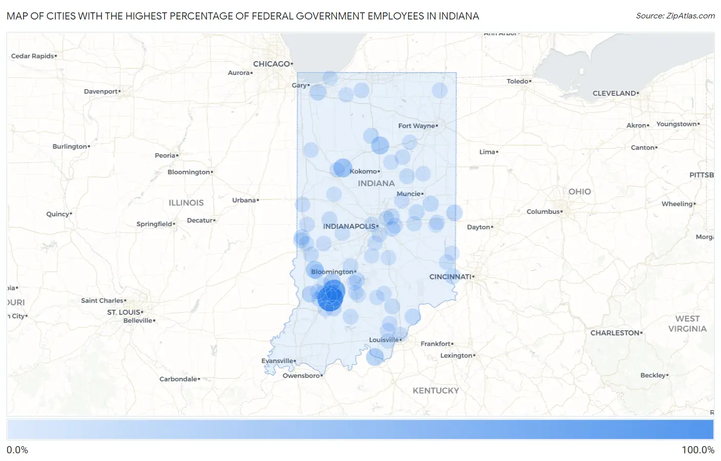 Cities with the Highest Percentage of Federal Government Employees in Indiana Map