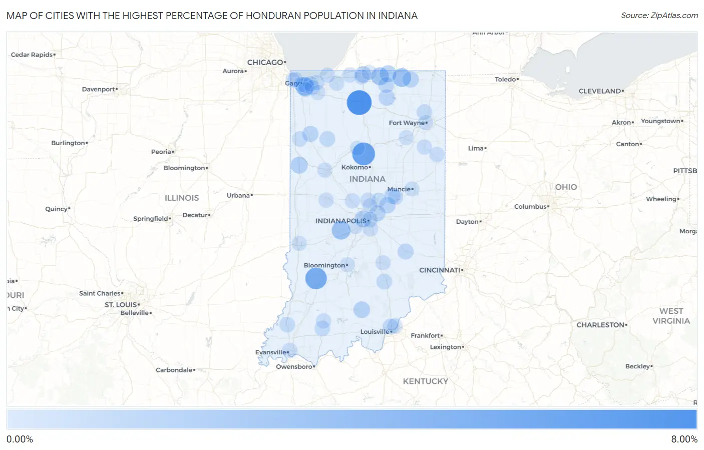 Cities with the Highest Percentage of Honduran Population in Indiana Map