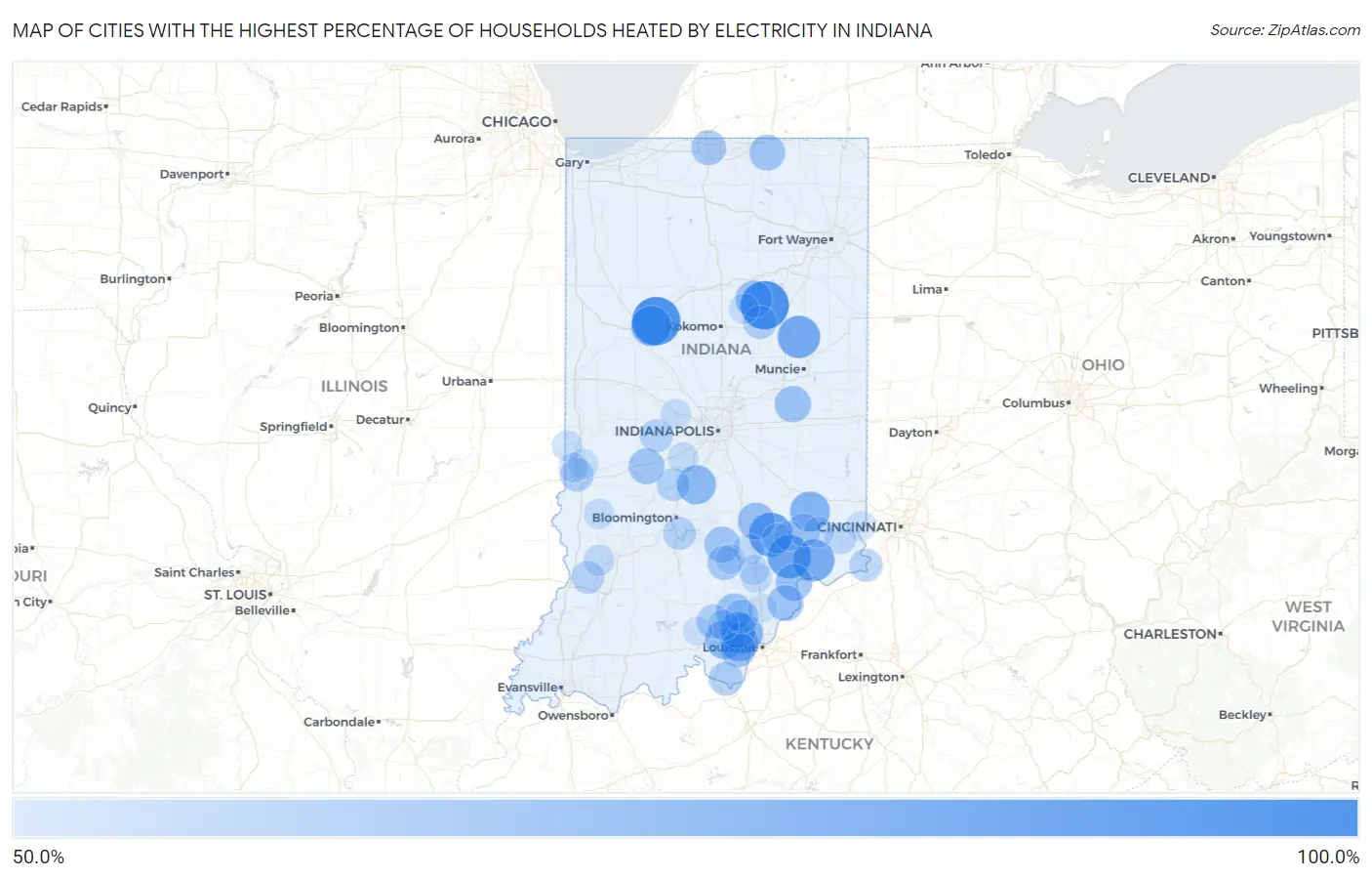 Cities with the Highest Percentage of Households Heated by Electricity in Indiana Map