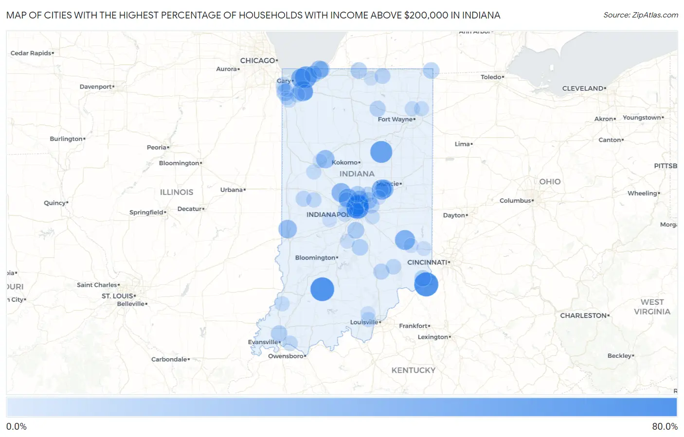 Cities with the Highest Percentage of Households with Income Above $200,000 in Indiana Map