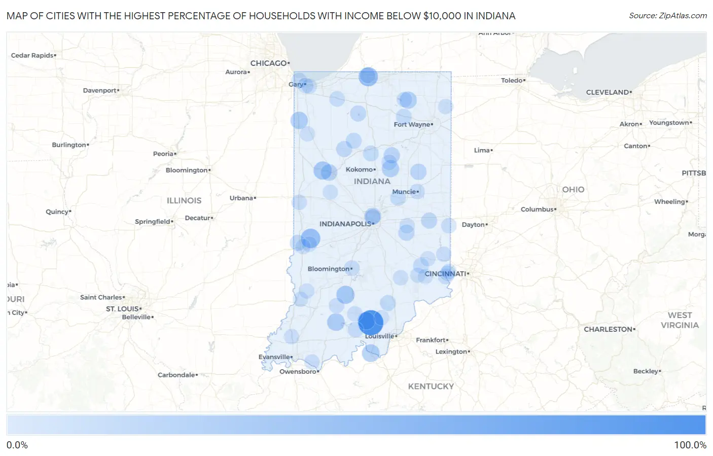 Cities with the Highest Percentage of Households with Income Below $10,000 in Indiana Map