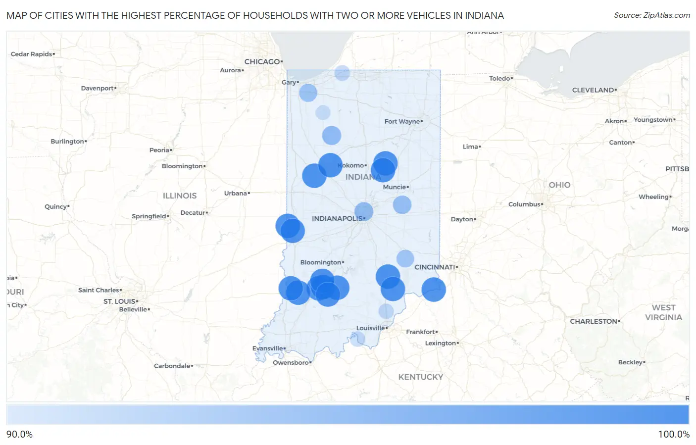 Cities with the Highest Percentage of Households With Two or more Vehicles in Indiana Map