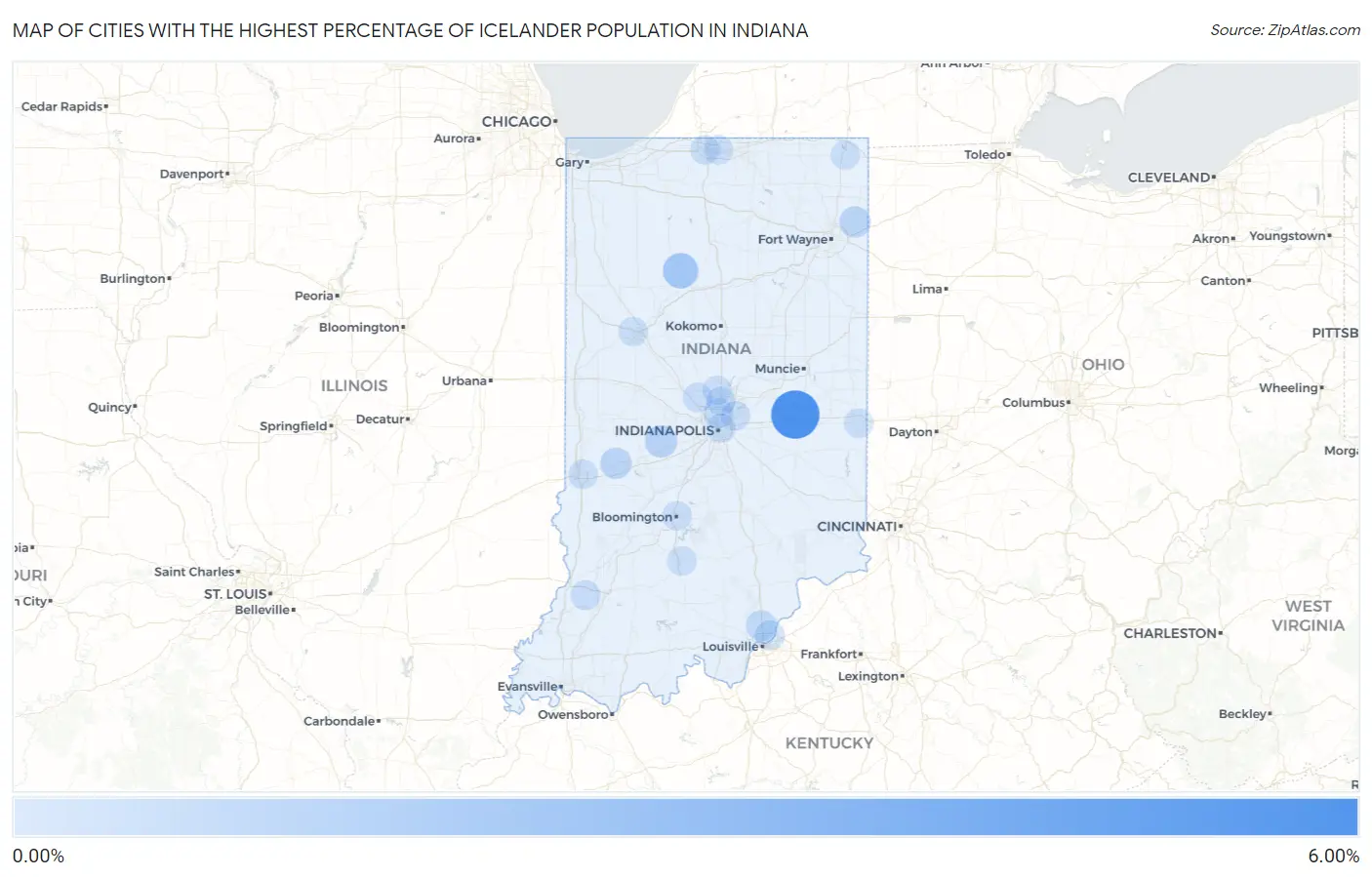Cities with the Highest Percentage of Icelander Population in Indiana Map