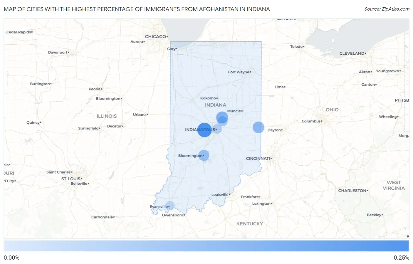 Cities with the Highest Percentage of Immigrants from Afghanistan in Indiana Map