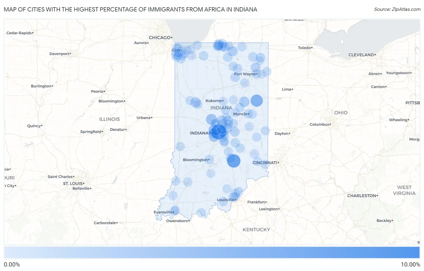 Cities with the Highest Percentage of Immigrants from Africa in Indiana Map