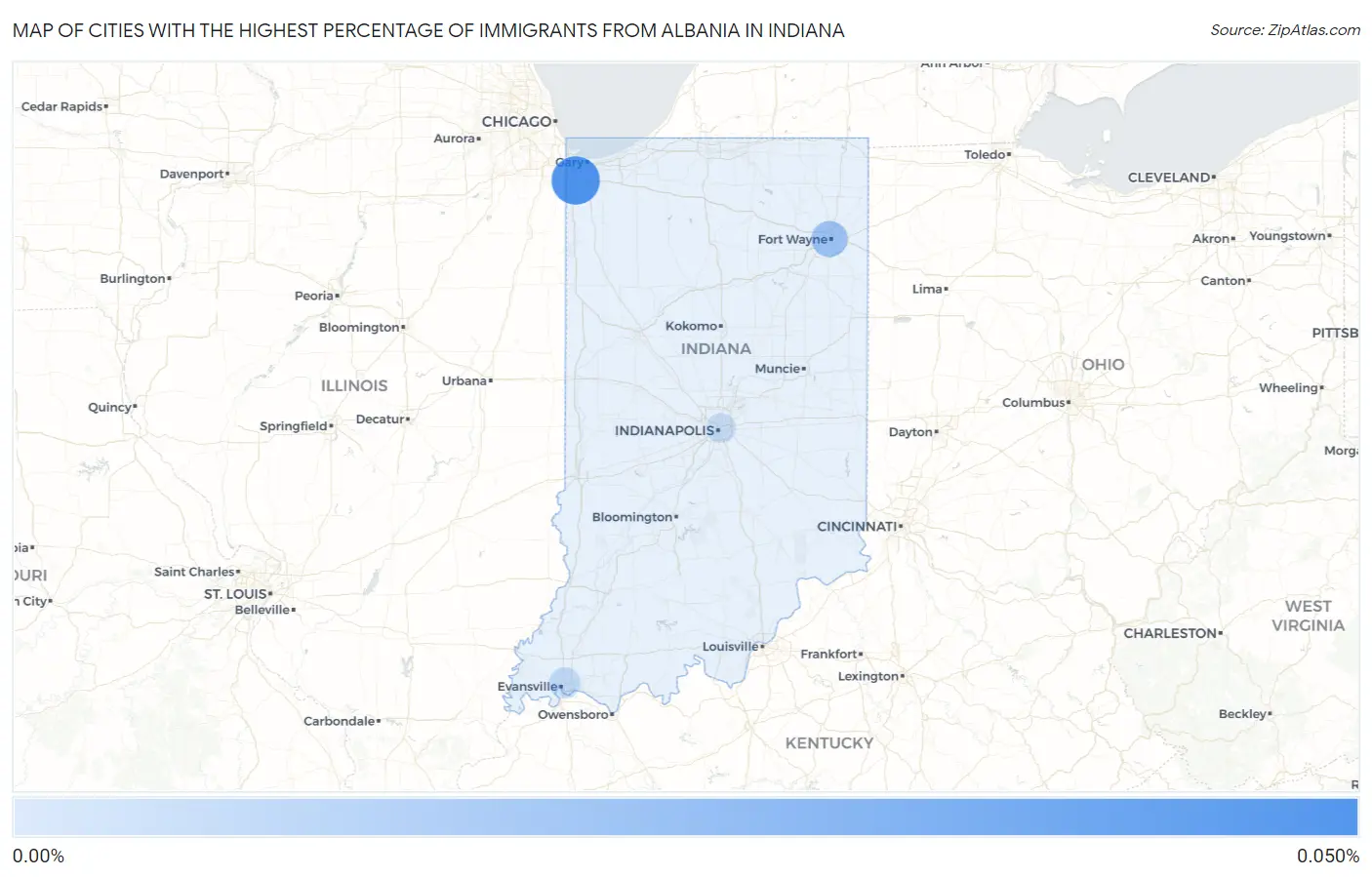 Cities with the Highest Percentage of Immigrants from Albania in Indiana Map