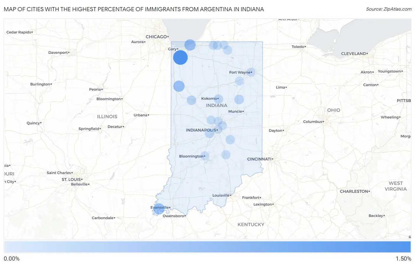 Cities with the Highest Percentage of Immigrants from Argentina in Indiana Map