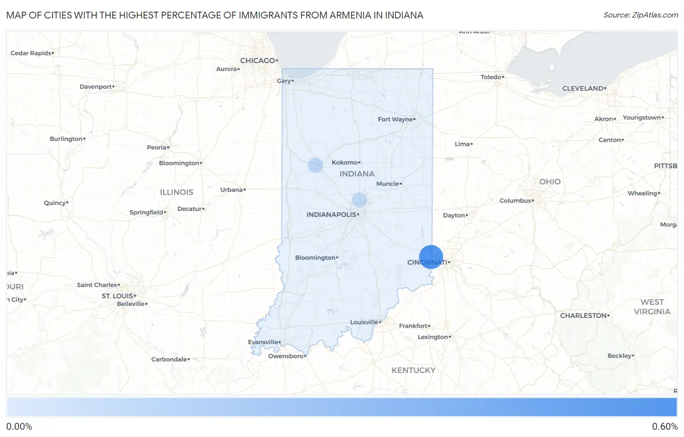 Cities with the Highest Percentage of Immigrants from Armenia in Indiana Map