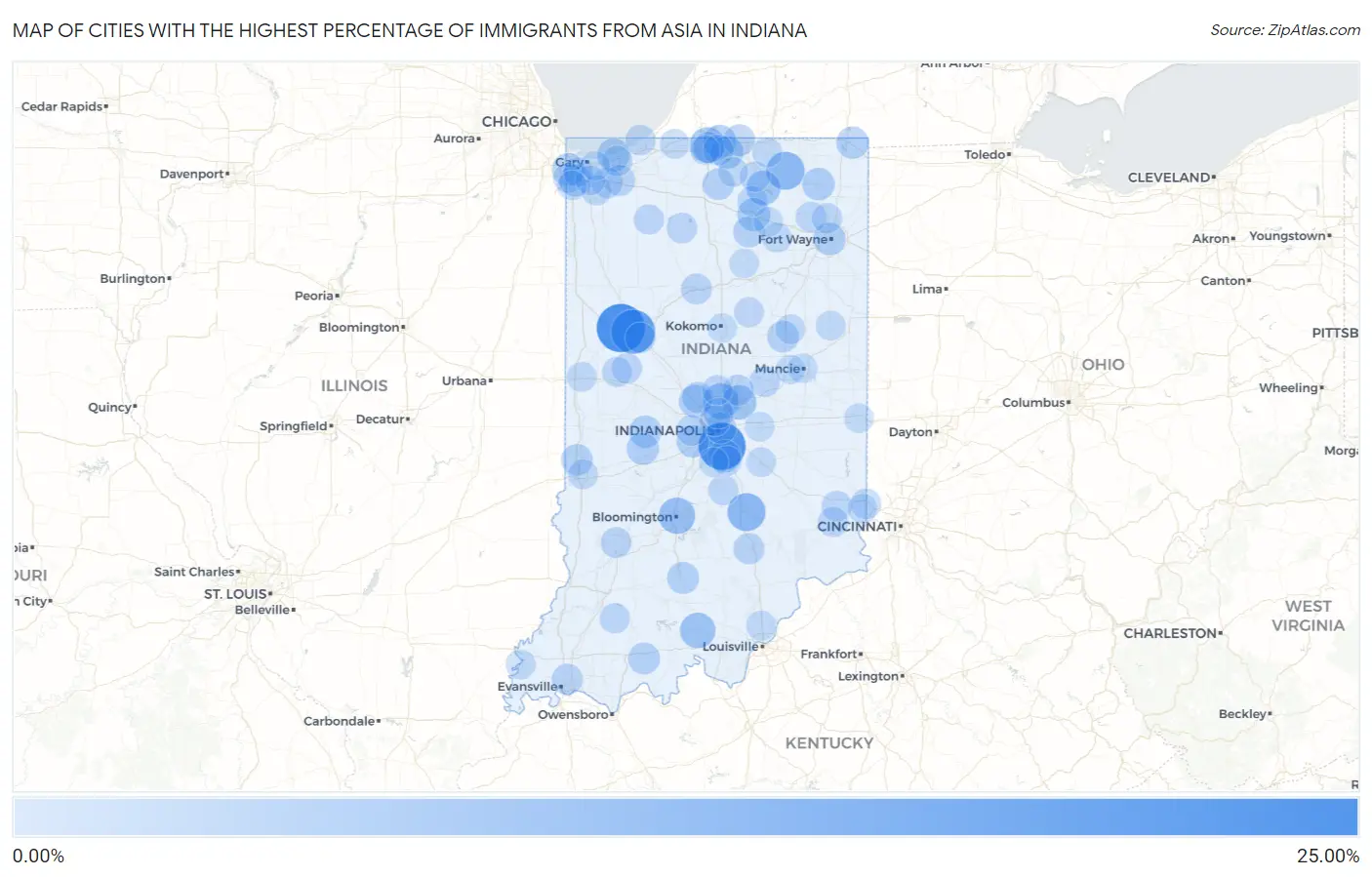 Cities with the Highest Percentage of Immigrants from Asia in Indiana Map